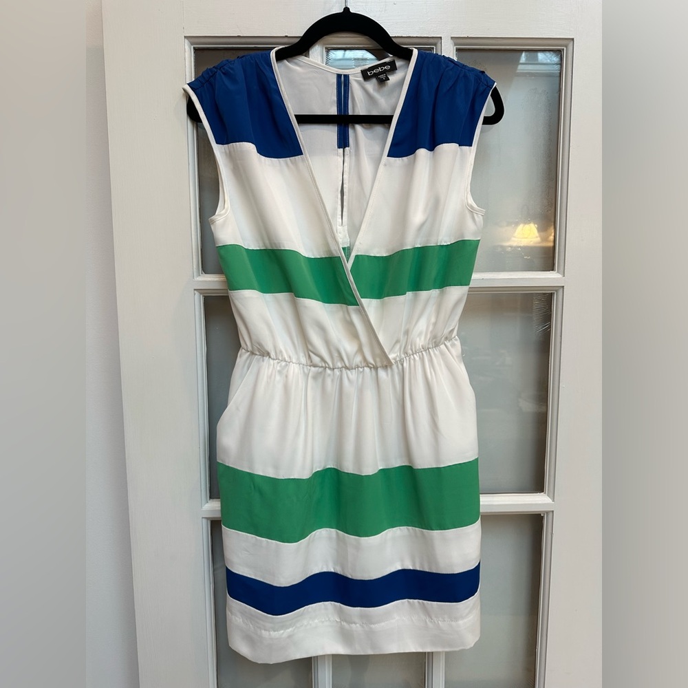 Bebe Y2K Blue Green & White Preppy Coastal Chic Deep V Striped Mini Dress Size S